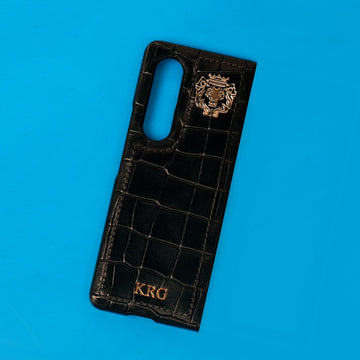 Bespoke Black Deep Cut Leather Mobile Cover Customized with Name Initial and Lion Logo By Brune & Bareskin