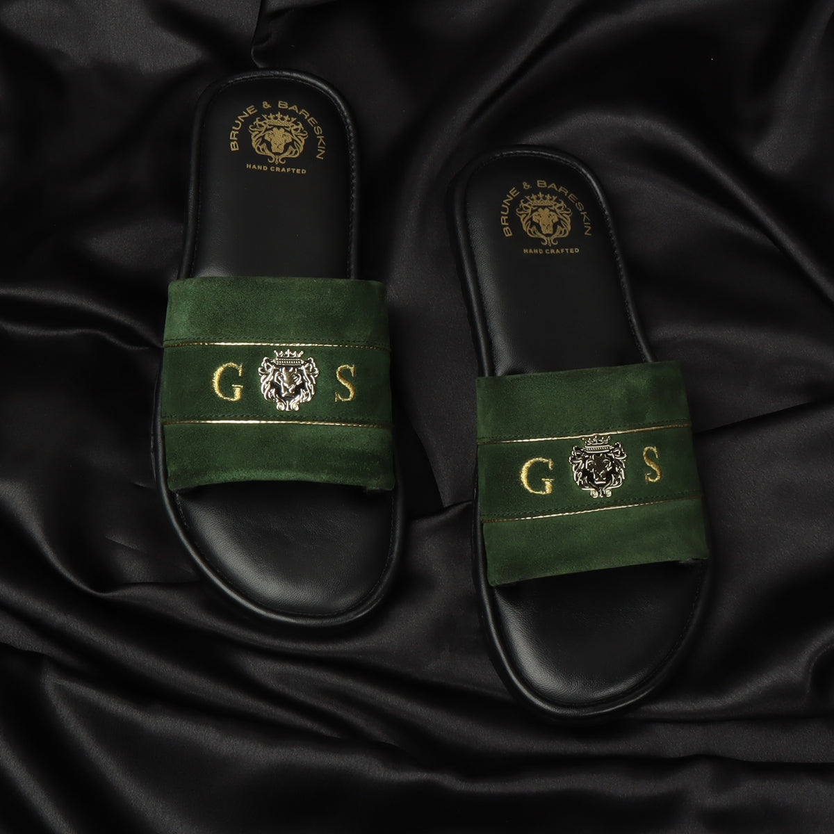 Bespoke Green Suede Leather Customized Slide-In-Slippers With Signatur