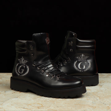 Bespoke "G" Initial Black Biker Crown Embroidery Boot For Men By Brune & Bareskin