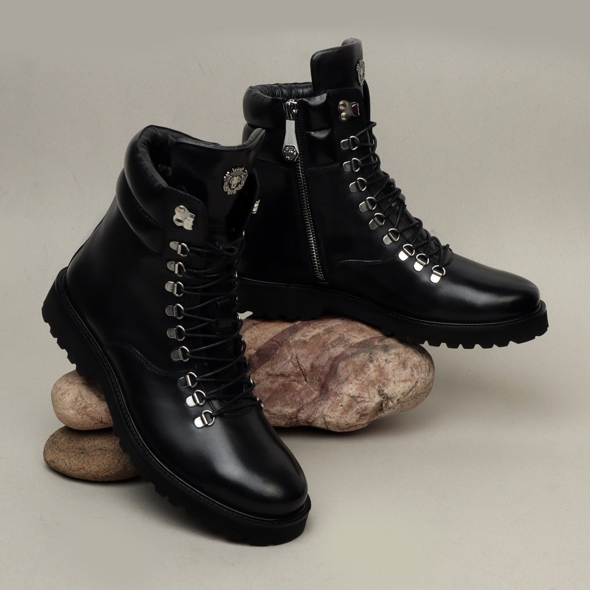 Customized Height Bespoke Black Leather Light Weight Biker Boots For M
