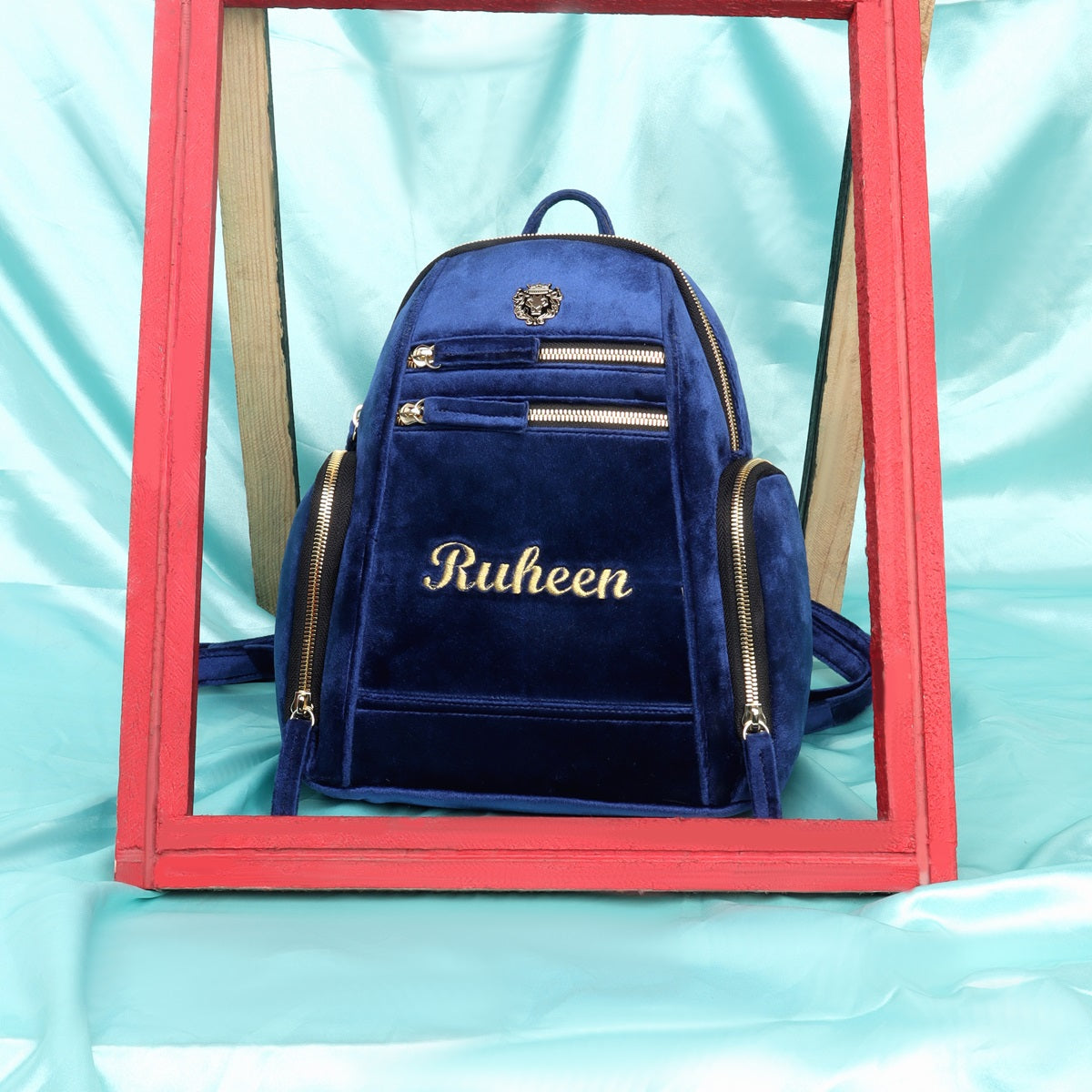 blue velvet mini backpack Customized Embroidered Name Initial Blue Velvet Signature Lion Logo Wo