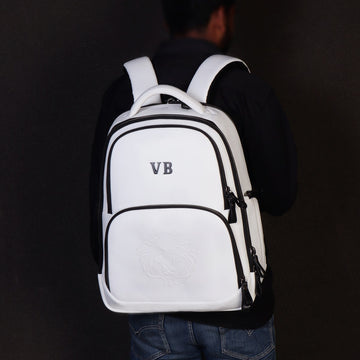 Customized Initial Embossed Lion White Leather Multi-Pocket Backpack By Brune & Bareskin