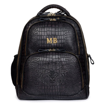 Customized Metal Initial Smokey Grey Embossed Lion with Mini Lion Logo Croco Textured Leather Backpack by Brune & Bareskin