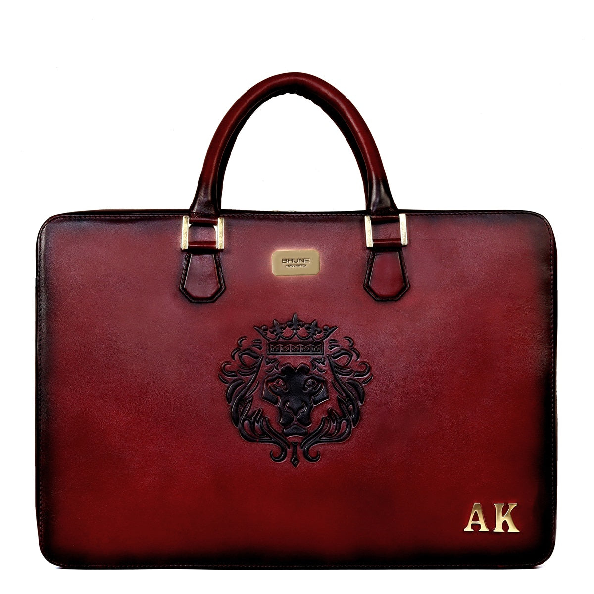 Personalized Name Initial Wine Leather Embossed Lion Laptop Office Bri