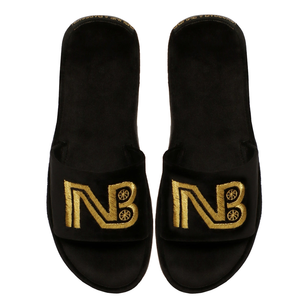 Personalized Embroidered "NB" Initial on Black Velvet Slide-in Slippers By Brune & Bareskin