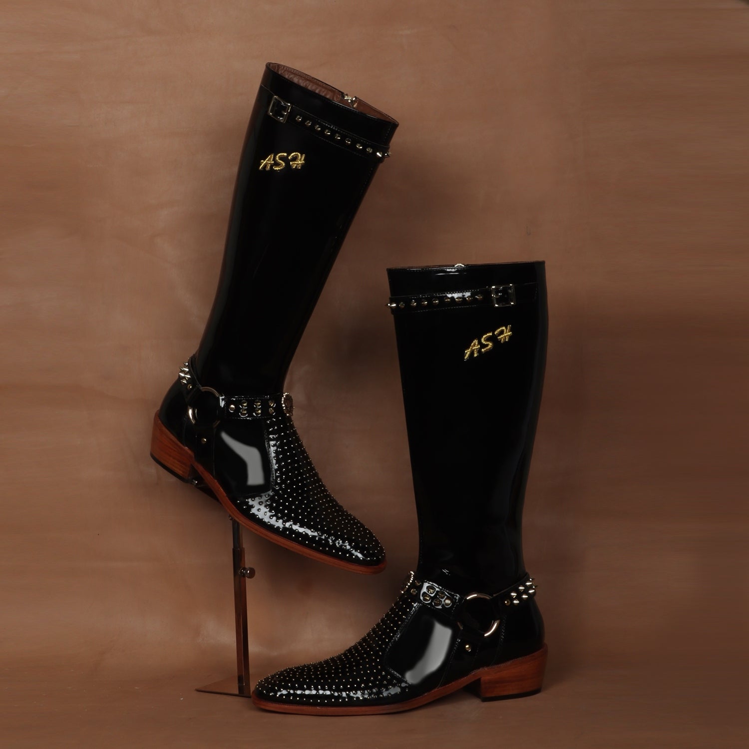 Customized Zardosi Initial Knee Hight Cuban Heel Metal Fleck Studded B