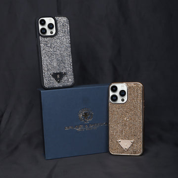 Customized Embossed Initial on Black And Golden Swarovski Crystal Zardosi Apple iPhone Series Mobile Cover By Brune & Bareskin