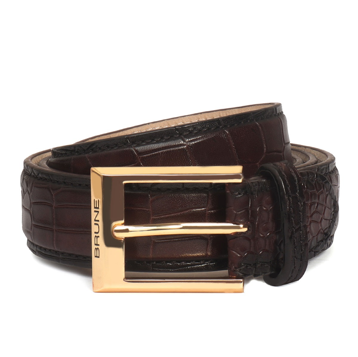 Dark Brown Deep Cut Leather Belt With Golden Buckle By Brune Bareski