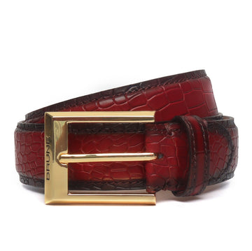 Wine Deep Cut Croco Belt With Golden Square Buckle Hand Painted Leather By Brune & Bareskin