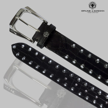 Stud Detailing Black Belt For Men in Croco Textured Leather Silver Finish Slant Shape Buckle By Brune & Bareskin