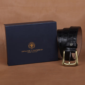 Smokey Gold Slant Shape Buckle Belt with Mini Lion Black Croco Textured Leather By Brune & Bareskin