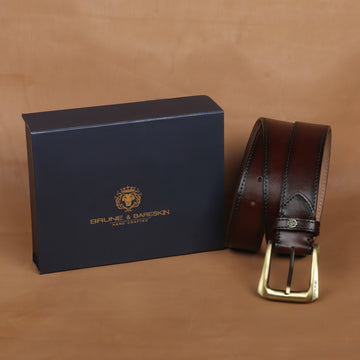 Two Toning Belt in Dark Brown Leather With Smokey Gold Slant Shape Buckle By Brune & Bareskin