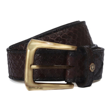 Stylish Smokey Gold Buckle Belt Snake Skin Textured Dark Brown Leather by Brune & Bareskin