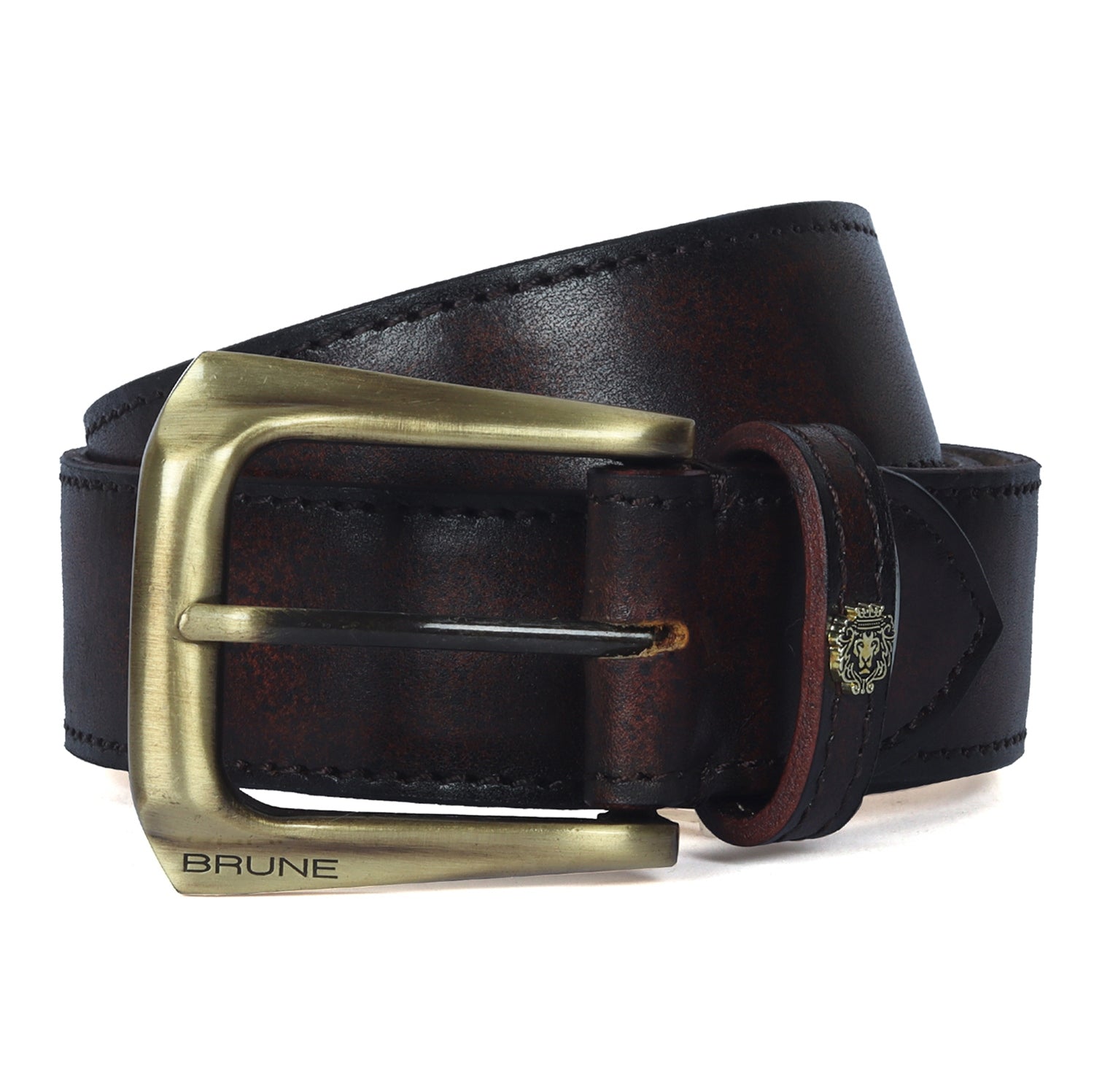 Rustic Dark Brown Leather Belt Mini Lion Slant Shape Smokey Gold Buckle By Brune & Bareskin