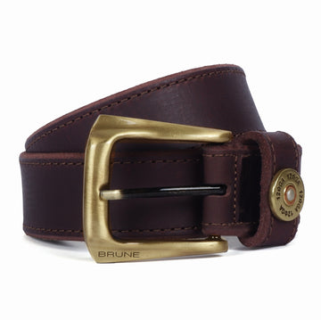 12 Gauge Shell Design Casual Belt Dark Brown Leather With Smokey Finsh Gold Buckle