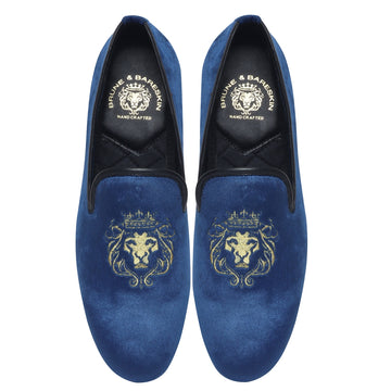 Blue Velvet/Golden Lion King Embroidery Slip-On Shoes By Brune & Bareskin