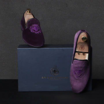Men's Lion King Embroidery Purple Italian Velvet Slip-On Shoes By Brune & Bareskin