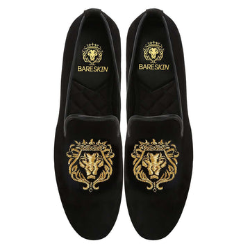 Gold Lion Zardosi Black Velvet Slip-On Shoes