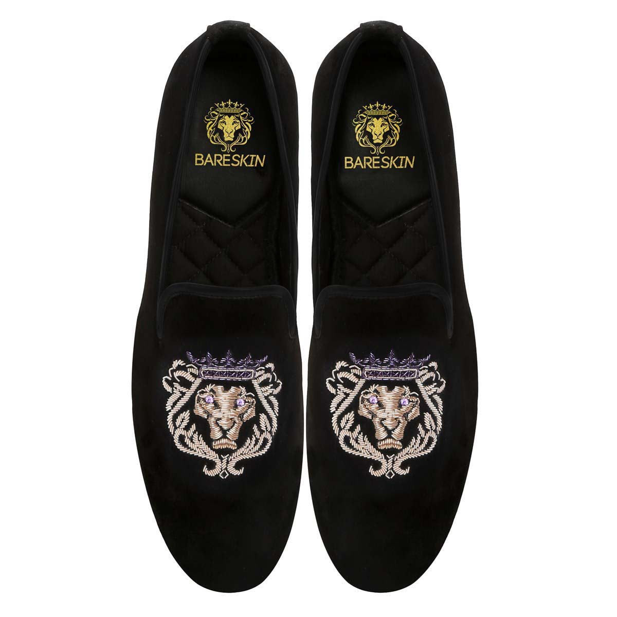 Purple Crown Lion Zardosi Black Velvet Slip-On Shoes