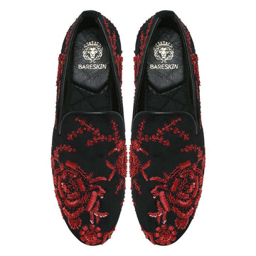Black Velvet Slip-On Shoes with Red Zardosi Embroidery By Brune & Bareskin
