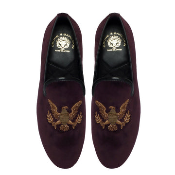 Handmade Eagle Zardosi Slip-On Shoes in Purple Italian Velvet By Brune & Bareskin