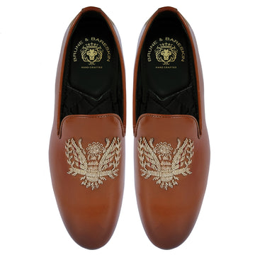 Tan Genuine Leather Slip-On Shoes For Men with Eagle Crest Zardoasi