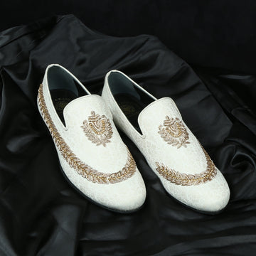 Hand Zardosi Slip-On Shoes In White Italian Velvet with Stem design