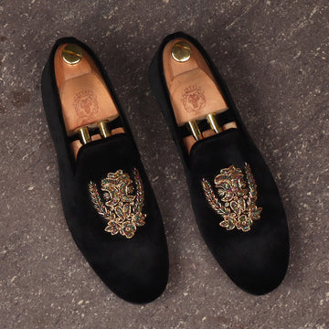 Black Slip-on Shoes with Multi Color Floral Zardosi By Brune & Bareskin