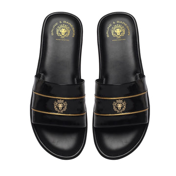 Black Patent Leather Slide-In-Slippers with Signature Metal Lion