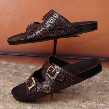 Chunky Sole Slippers in Dark Brown Croco Textured Leather