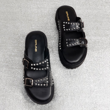 Studded Slide-in Slippers with Chunky Sole in Black Cut Croco Leather Detailing