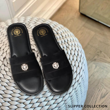 Black Suede Leather Strap Slide-in Slippers by BRUNE & BARESKIN