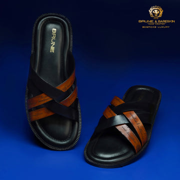 Welt Slide In Slippers with Laser Engraved Tan And Black Intertwined Thin Straps Leather