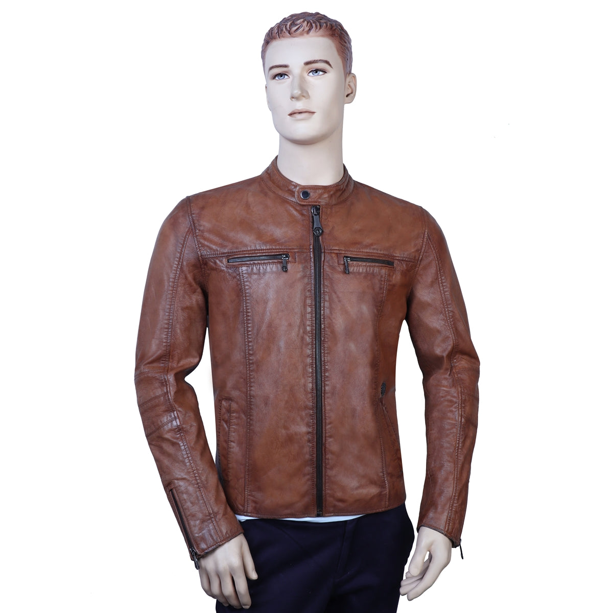 Metal Lion Front Zipper Cognac Ban Neck Collar Men's leather Jacket By Brune & Bareskin