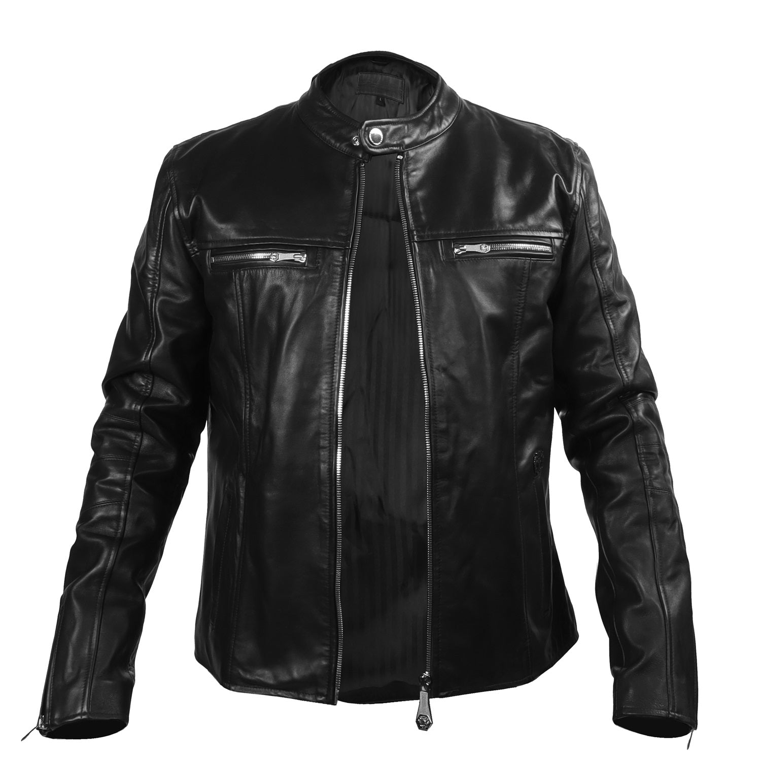 Black Men's leather Jacket Band Neck Collar Front Zipper Pockets By Br