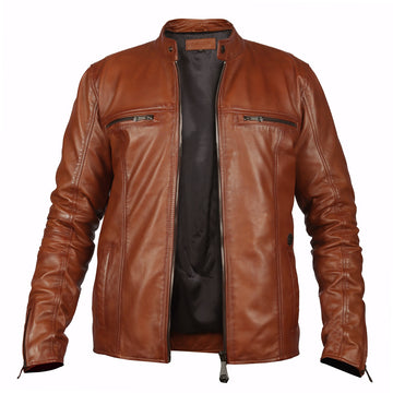 Classic Ban Neck Collar Front Zipper Pockets Tan Men Leather Jacket