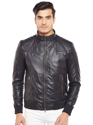 Black Colour Genuine Leather Bomber Jacket For Men By Brune & Bareskin