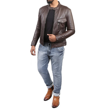 Bareskin Men's Slight Slant Pocket Brown Leather Jacket