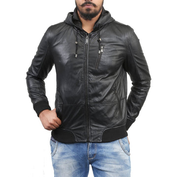 Men'S Hoodie Style Black Leather Jacket