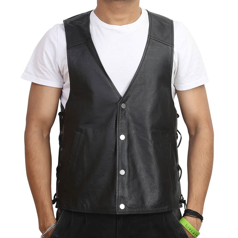 Black Sleeveless Biker Vest in Genuine Leather For Men By Brune & Bare