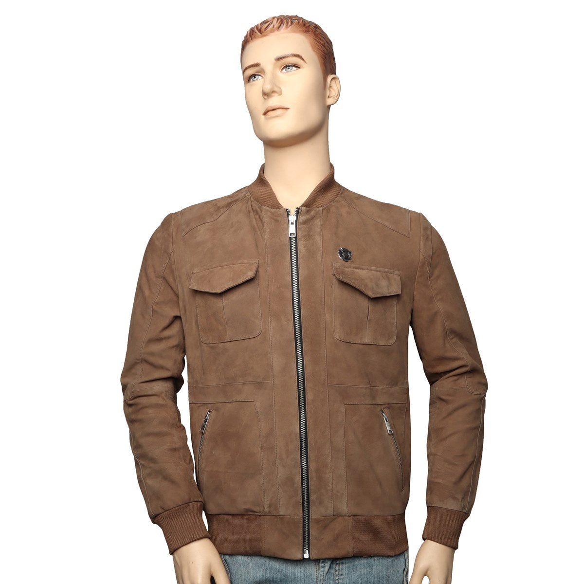 Men's Multi Pockets Beige Suede Leather Jacket with Rib Design by Brun