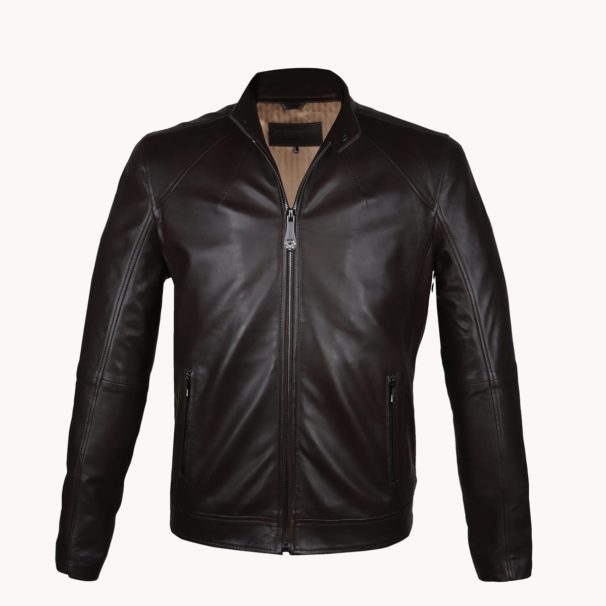 Ban Neck Collar Men's Leather Jacket Classic Dark Brown Color Front Zi