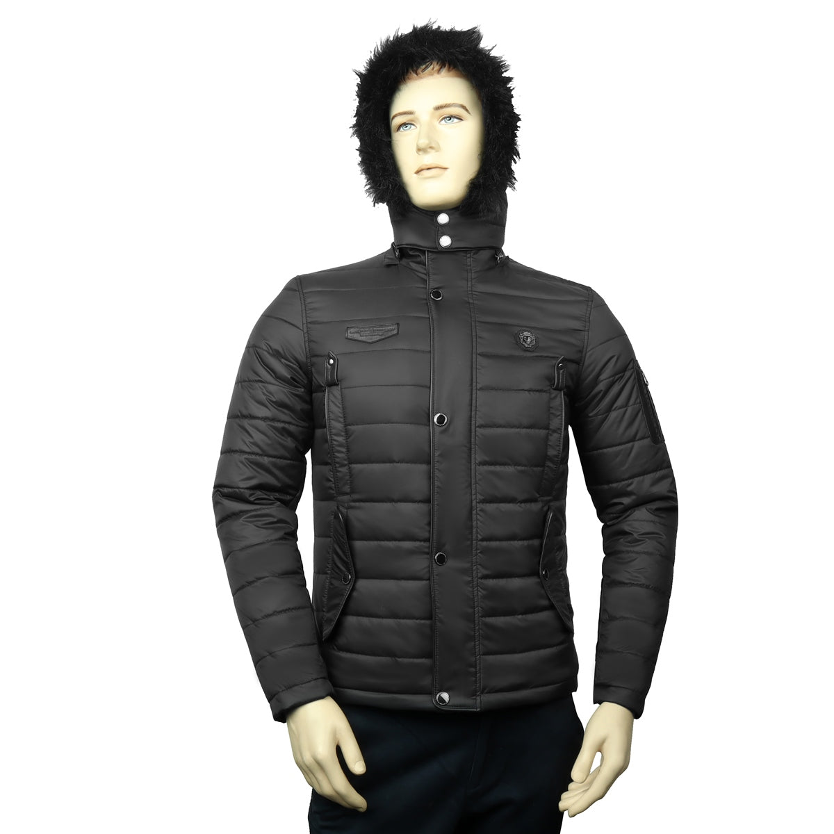 Men's Fur Hoodie Black Puffer Genuine Leather Trim Jacket by Brune B