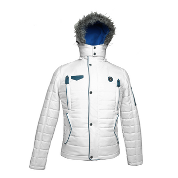 Fur Hoodie White Puffer with Blue Genuine Leather Trim Jacket by Brune & Bareskin