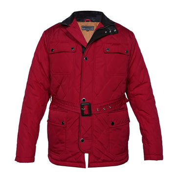 Standing Collar Red Puffer Jacket with Adjustable Waist Belt Zipper Snap Button