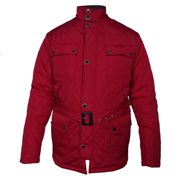 Standing Collar Red Puffer Jacket with Adjustable Waist Belt Zipper Snap Button