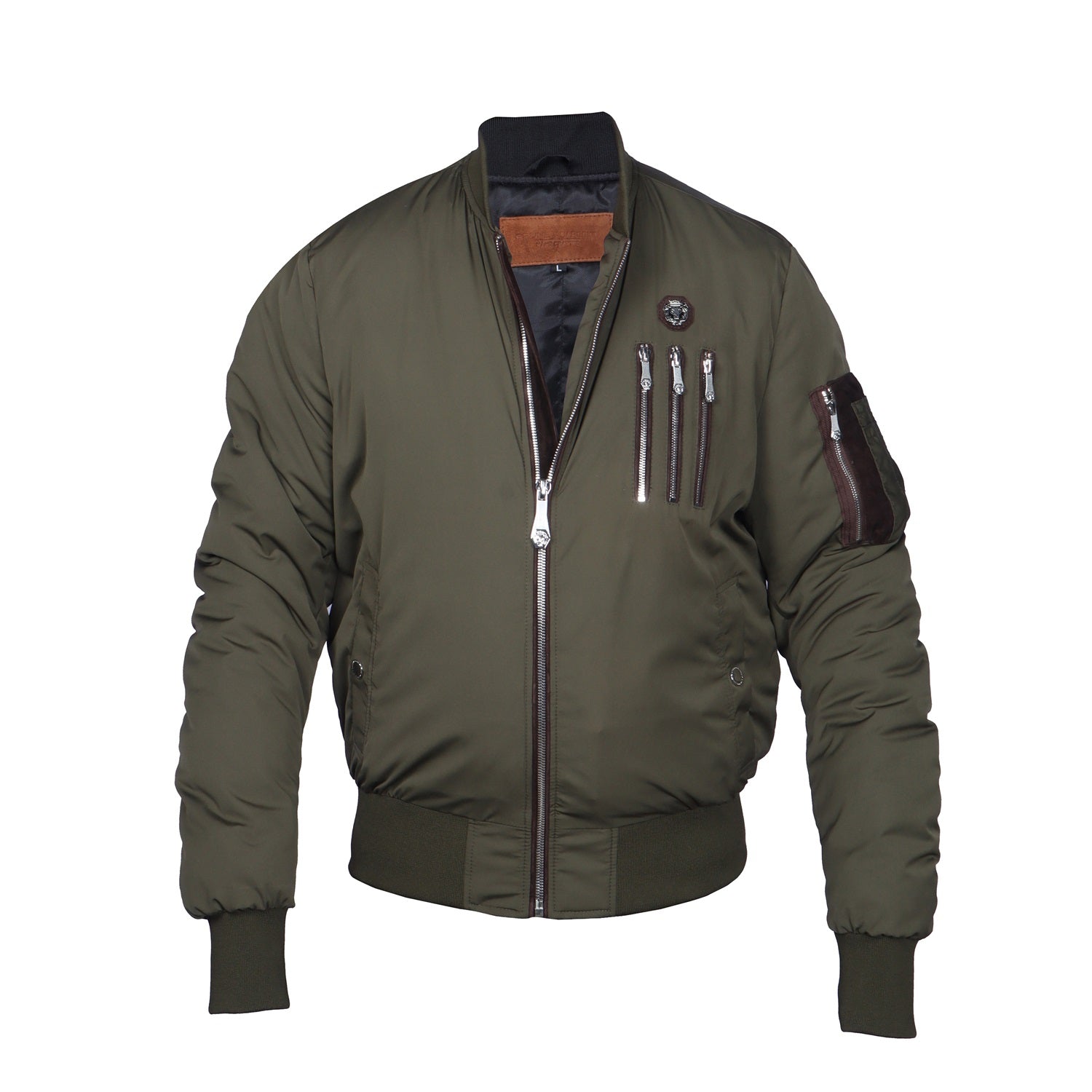 Tri-Zip Pockets Standing Collar Green Contrasting Dark Brown Puffer Bo