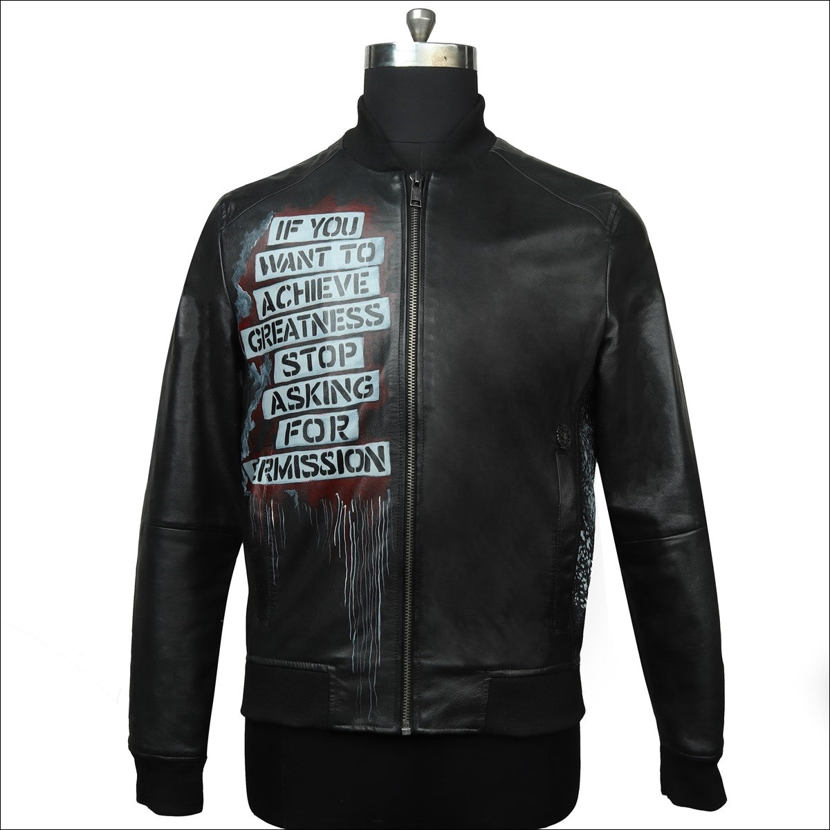 Men's Black Handmade Leather Jacket Half Colorful lion face abstract P