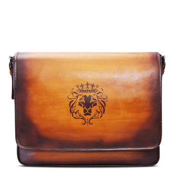 Brune & Bareskin Lion King Tan Hand Painted Veg Tanned Leather Messenger Bag
