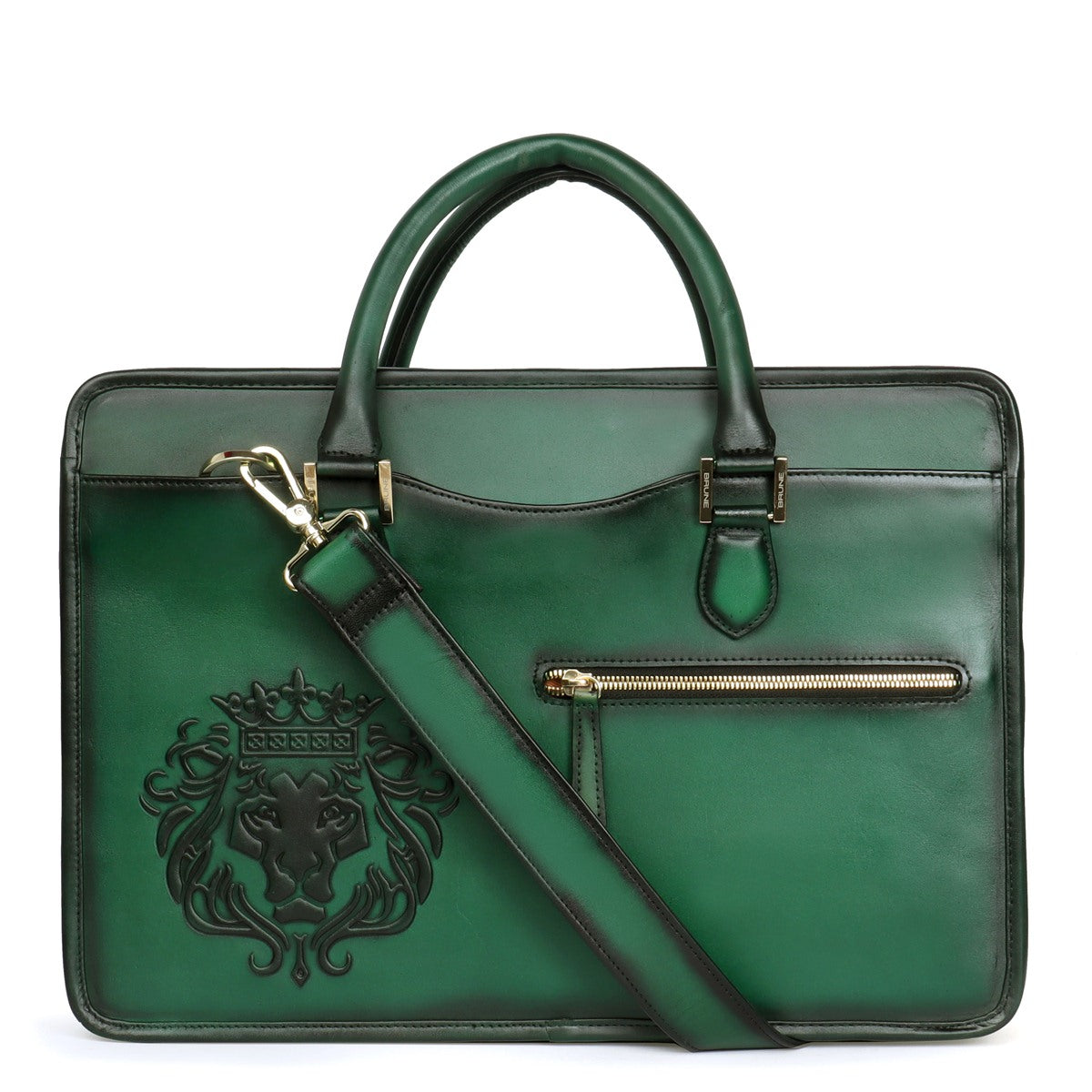 Embossed Lion Logo Classic Green Leather Laptop Briefcase By Brune B